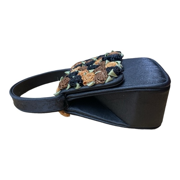 Julie Feldman Black Satin w/ Orange Rose Black Ribbon Rosettes Evening Handbag - Picture 7 of 10